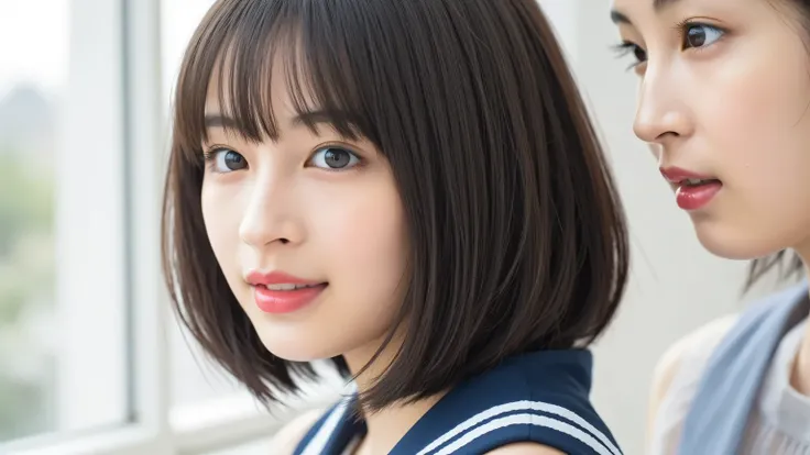 (((hirose suzu,short bob、dark haired、bangs pinned back、stick tongue out、profile)))((Happy Face、Lipstick is red、open your mouth wide))dark blue sailor suit,18 years old,8k,High Resolution Closeup Portrait, Beautiful Girl in Love, Shining Eyes Full of Overw...