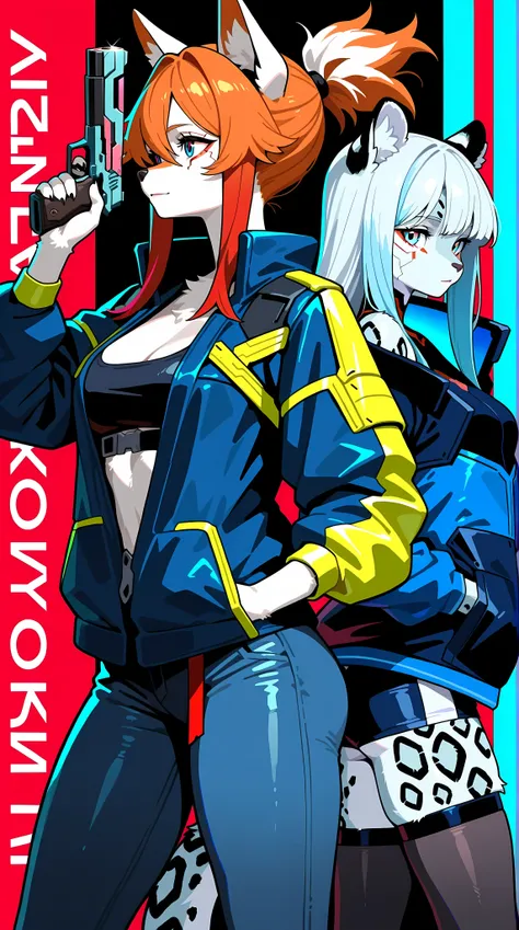 2 girls. First girl: 21 years old , mammal snow leopard , furry, flowing long white hair with blue highlights, normal proportions , aesthetic , Cyberpunk style full clothing, 1 handgun in cyberpunk style. Second Girl 21 years old , mammal fox, furry, short...