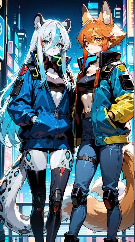 2 girls. First girl: 21 years old , mammal snow leopard , furry, flowing long white hair with blue highlights, normal proportions , aesthetic , Cyberpunk style full clothing, very finely detailed. Second Girl: 21 years old , mammal fox, furry, short orange...
