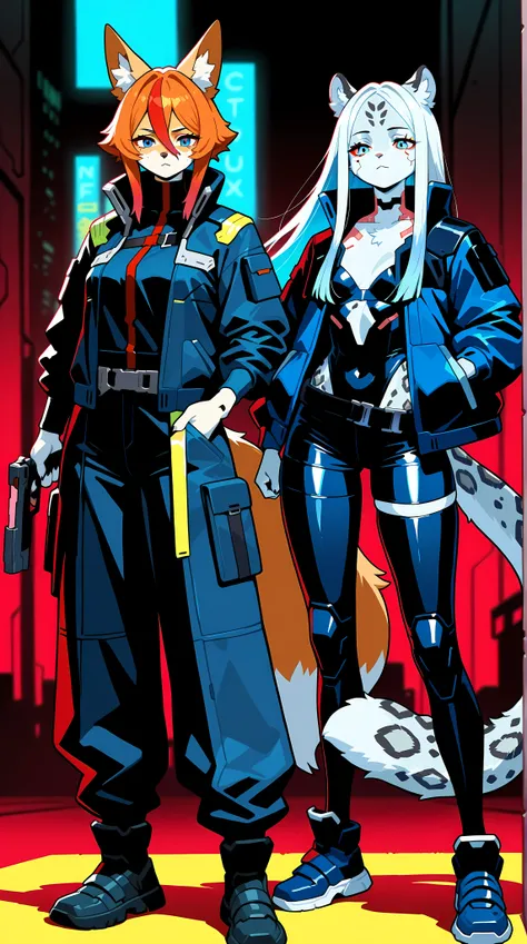 2 girls. First girl: 21 years old , mammal snow leopard , furry, flowing long white hair with blue highlights, normal proportions , aesthetic , Cyberpunk style full clothing, 1 melee weapon in cyberpunk style. Second Girl 21 years old , mammal fox, furry, ...