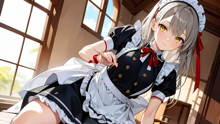 8K (high resolution) (Super Detailed) (masterpiece) (Highest Quality) detailed eyes detailed faces with ofisu Detailed hands Delicate hair detailed wrinkles on clothes very elaborate body Fine Skin (solo) early yellow eyes (Grey Hair) Long hair One Tie b...