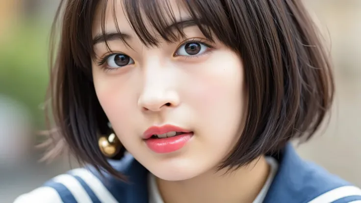 (((hirose suzu,short bob、dark haired、bangs pinned back、stick tongue out、profile)))((evil、Lipstick is red、open your mouth wide))dark blue sailor suit,18 years old,8k,High Resolution Closeup Portrait, Beautiful Girl in Love, Shining Eyes Full of Overwhelmin...