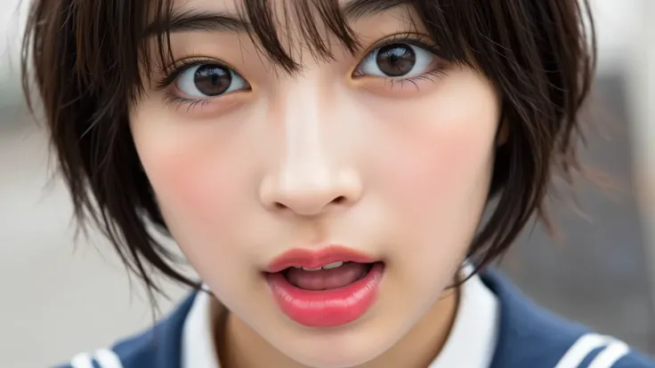 (((hirose suzu,short bob、dark haired、bangs pinned back、stick tongue out、profile)))((evil、Lipstick is red、open your mouth wide))dark blue sailor suit,18 years old,8k,High Resolution Closeup Portrait, Beautiful Girl in Love, Shining Eyes Full of Overwhelmin...