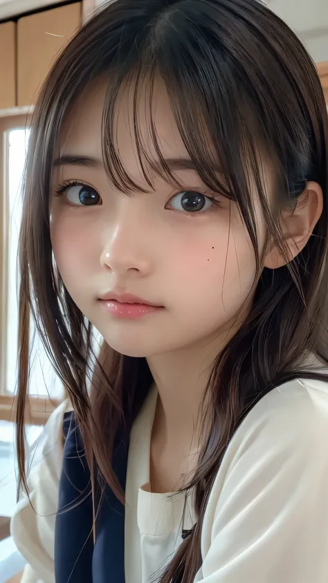 ( face close-up ),Masterpiece, Top Quality , 8k, Official Art, RAWphotograph, 非常に high definition, Beautiful Girls, Pretty Face , ( sitting ), is staring at me , close, , classroom, super real , high definition, photograph, film grain,...