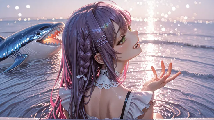 A precocious girl, Islanders, Bending teeth, Facing back, smile, sharp teeth, eyes are circular in the form of a scallop, Green Eyes, purple braided hair, hairpins adorning her hair, white, seaside, wearing a female rapper dress, daytime, sitting on a wha...