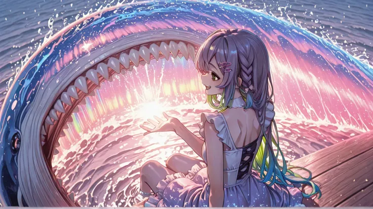 A precocious girl, Islanders, Bending teeth, Facing back, smile, sharp teeth, eyes are circular in the form of a scallop, Green Eyes, purple braided hair, hairpins adorning her hair, white, seaside, wearing a female rapper dress, daytime, sitting on a wha...