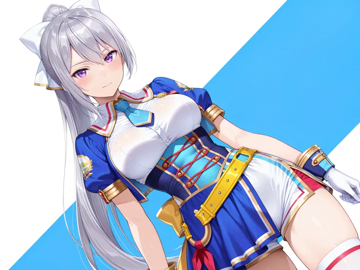 solo,masterpiece,best quality, amazing quality, highres, absurdres, very aesthetic, high resolution, ultra detailed, perfect details,nijikaede,purple eye,grey hair,long eyelashes,long hair,ponytail,white bow,hair pin, glorious azure,official alternate cost...