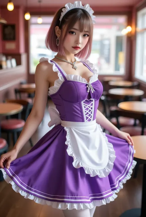 Standing posture.
Highest quality, masterpiece, colorful to keep.
Purple and white maid uniforms, A-line dress, swing dress, flare dress, circular skirt, thighs wearing pantyhose.
Super beautiful Japanese girl, makeup, long false eyelashes, eyeshadows, eye...