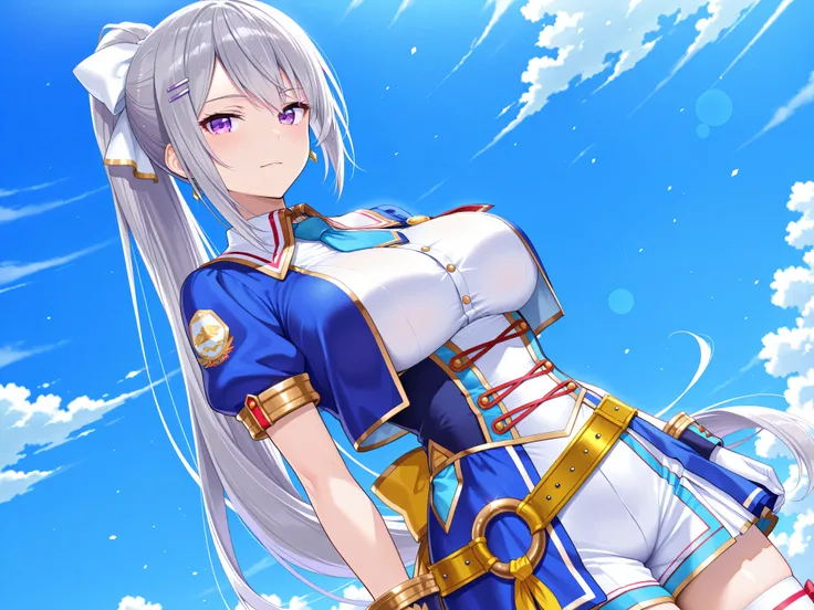 solo,masterpiece,best quality, amazing quality, highres, absurdres, very aesthetic, high resolution, ultra detailed, perfect details,nijikaede,purple eye,grey hair,long eyelashes,long hair,ponytail,white bow,hair pin, glorious azure,official alternate cost...
