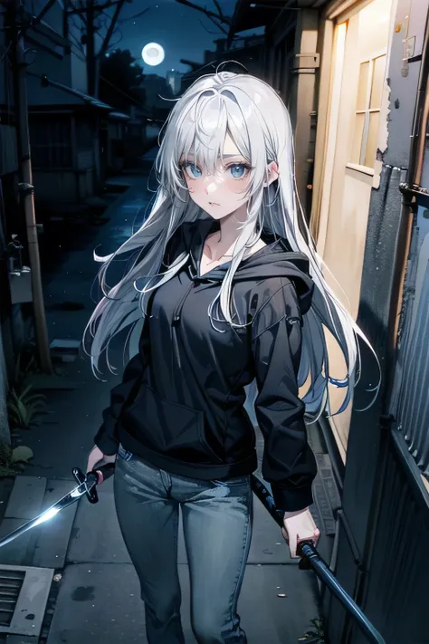 (masterpiece), (best quality), ultra detailed, finely detailed color, cenematic painting, ((holding dagger)), urban, ((night:2)), alley, ((slum)), ((high angle)), bishoujo, ((one lady)), 20-year-old lady, cute face, white hair, absurdly long hair, straight...