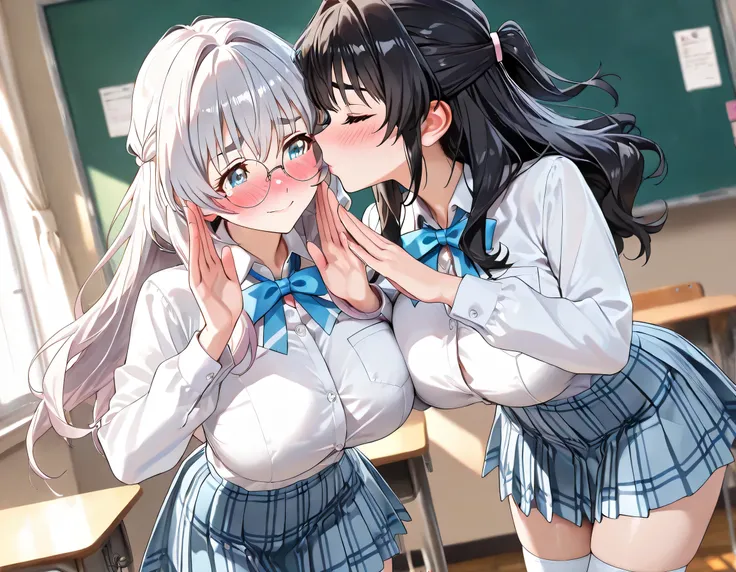 ((ultra-detailed)), (highly detailed CG illustration), (best quality:1.2), ultra-highly detailed, colorful composition, artistic photo, 2girls:1.3, Yuri:1.3, nsfw, smile, shy:1.3, slaver:1.3, (Yuri kiss:1.4), closed eyes:1.3, full face blush:1.2, looking v...