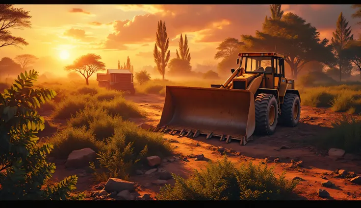 add African scenery and sunset. bulldozer on a destroyed road