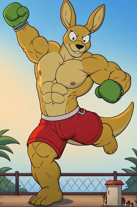 a giant muscles boxing kangaroo, yellow skin, green boxing gloves, red shorts, bigger cartoon eyes, big ears, big feets, black boots, muscular body, full body, macro size, giant size, 50 foot size, hypercartoon, 8K, intricate details, photocartoon, studio ...