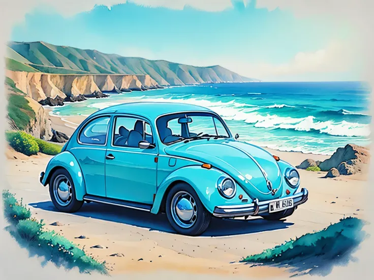 (masterpiece:1.2, Highest Quality),(very well detailed),(watercolor),8k,Wallpaper,pastel blue Volkswagen Beetle,Big Sur in California, The blue of the ocean and sky spreading along the Pacific coast