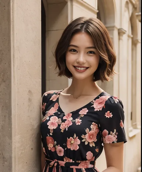 391 ((young woman)),(short hair),(floral dress),(archic smile)
