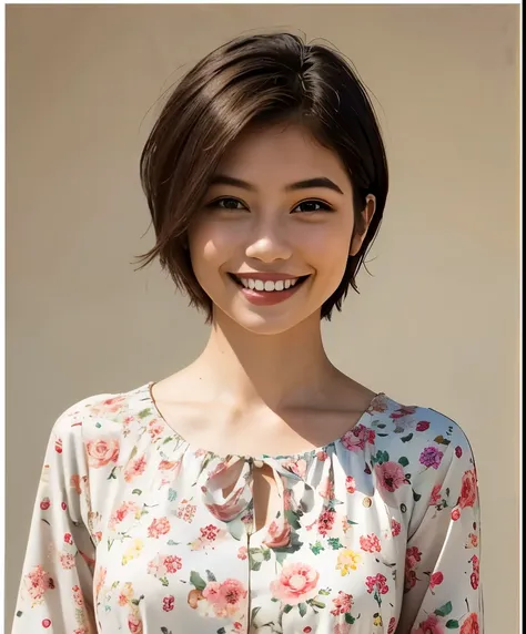 391 ((young woman)),(short hair),(floral dress),(archic smile)
