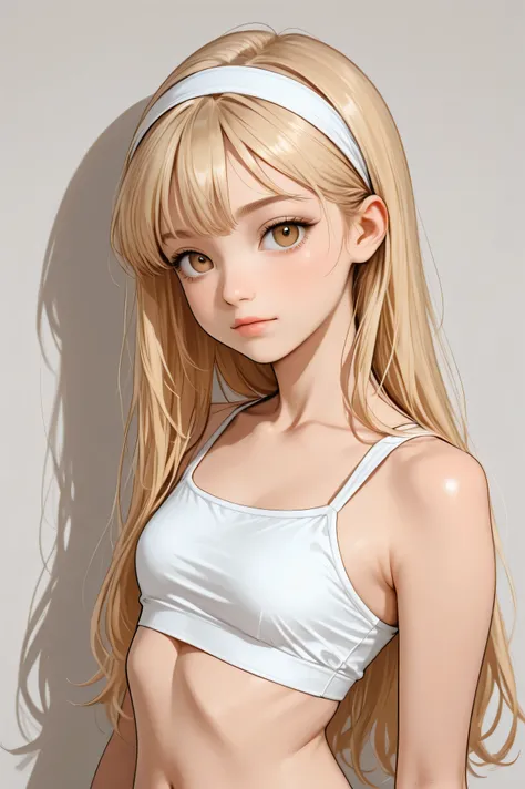 Young blonde girl in white cropped sleeveless top and headband