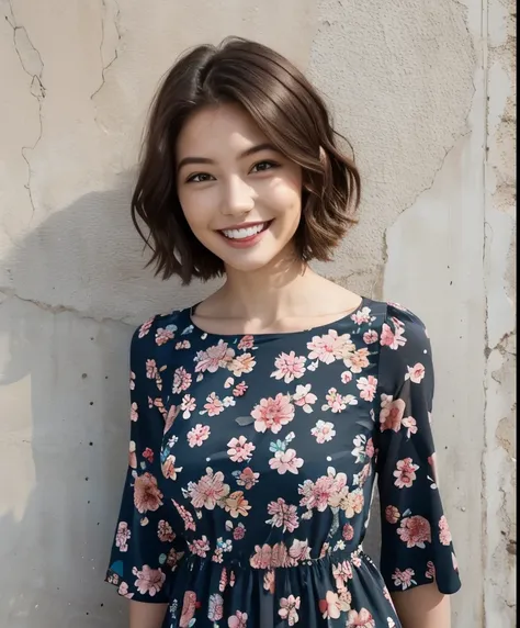 391 ((young woman)),(short hair),(floral dress),(archic smile)