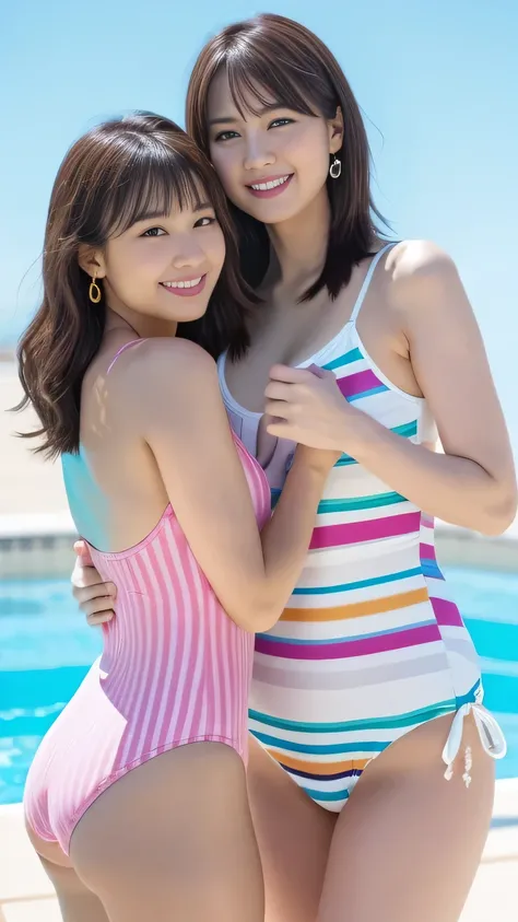 (Highest Quality, incomparable masterpiece:)ultra high resolution、winning work、Two women in swimsuits standing side by side, Wet Swimsuit, Japanese Model, young subgravure idol, Tight, ,  wearing random leotards, Sakimi-chan HDRI, 、High Legs、bang、long wavy...