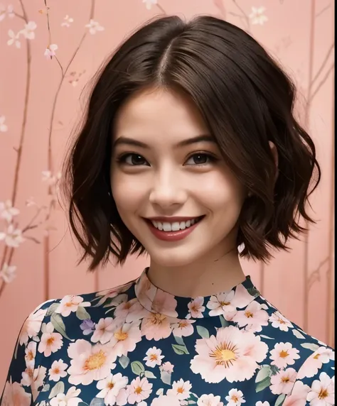391 ((young woman)),(short hair),(floral dress),(archic smile)