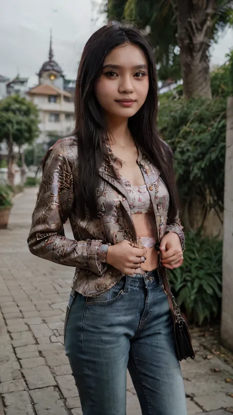 26 years old, an indonesian young woman, wearing colored blouse dan dark skinny jeans, with bag and sneakers, smiling, medium breast, long black tangled hair, ultrarealistic, perspective, 8k, ultra hd
