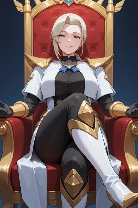 Silvanna base,a mature woman,ojos azules,light blonde hair,long haircut,low ponytail,side bangs,Long white gabardine coat with gold details,golden shoulder pads decorated with sharp tips,black shirt,blue bow, nxxyxtx,Gloves, black sleeves with gold trim,ti...