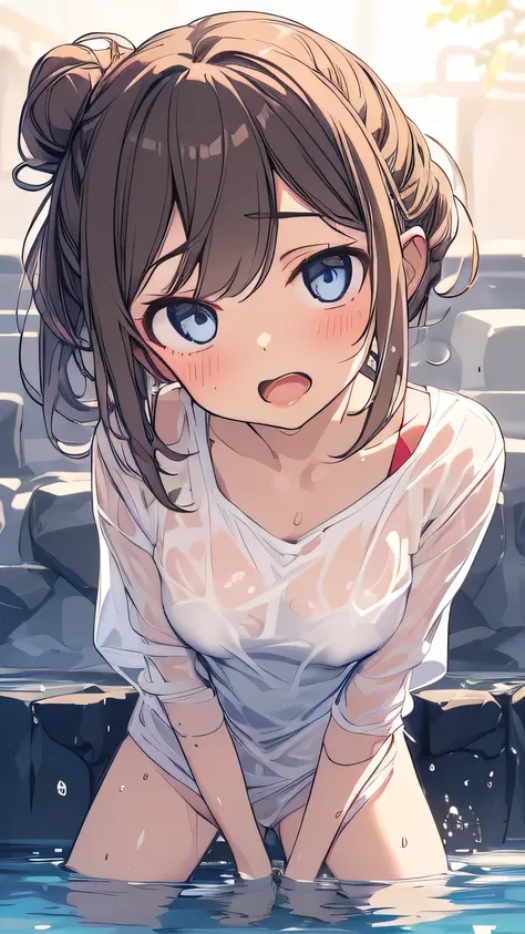 ( very detailed CG Unity 8k 壁紙),(masterpiece), (Highest Quality), ( very detailed), ( best illustration ),( best shadows )　1boy 1girl absurdres andou_shuki bath bathing blue_eyes blush breasts breasts_squeezed_together brown_hair clothed_female_nude_male c...