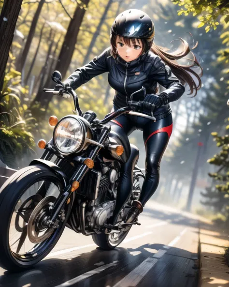 ((( Masterpiece:1.3, Best Quality, hight resolution, nffsw, Perfect Pixel,  4K, nffsw, nffsw))), 1girl in, Off-road motorcycle driving on spring country roads、18-year-old girl、jet helmet、((December scenery, white Christmas, softly falling snow, she drives ...