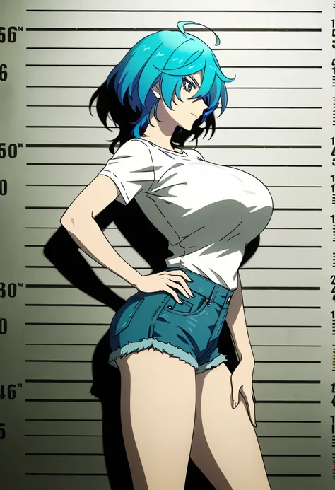 Isemi Tina , Blue hair, big breasts , white Tight T Shirt , denim shorts , hand on hip , arched back , casual stance , mugshot room