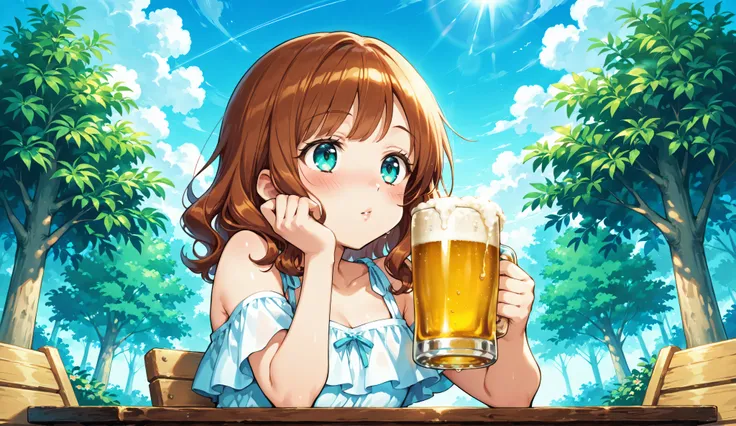 Anime-style illustration of a cute girl drinking beer with light blue, wavy hair. Her lips touch the rim as she drinks, with visible beer level lowering. Her expression is calm and slightly shy, with a gentle blush on her cheeks. The setting is a sunny out...