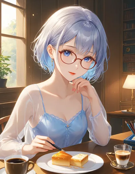 nsfw、animation、Highest image quality、high resolution、Woman writing a novel、((She is wearing glasses that look like a woman's body is served on a plate))、Gentle expressions、(((slender figure)))、((bluish silver hair))、short hair、A straight nose、small breasts...