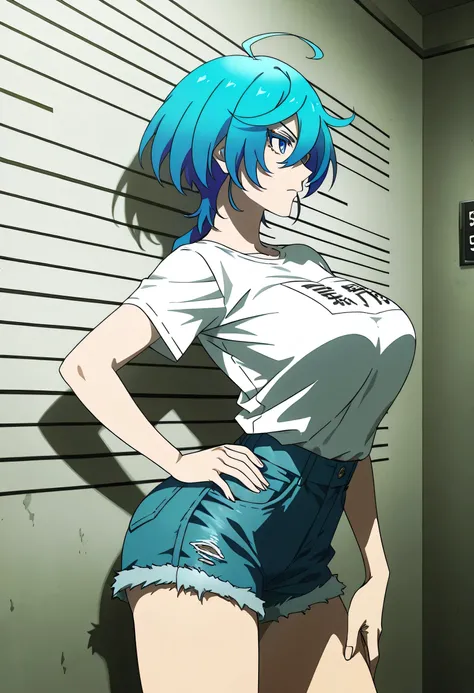 Isemi Tina , Blue hair, big breasts , white Tight T Shirt , denim shorts , hand on hip , arched back , casual stance , mugshot room