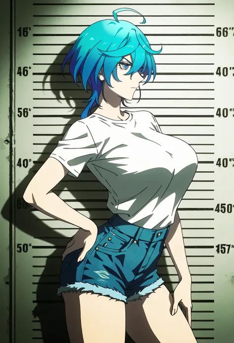 Isemi Tina , Blue hair, big breasts , white Tight T Shirt , denim shorts , hand on hip , arched back , casual stance , mugshot room