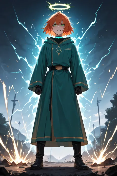 Score_9, Score_8_up, Score_7_up, solo, Taylor-Askew, Femboy,  BREAK, Orange hair, messy hair, short hair, tousled hair, BREAK , teal wizard robe, light blue collar, Light green eyes, angry sneer, BREAK, ((standing, full body)), electric aura, electricity, ...