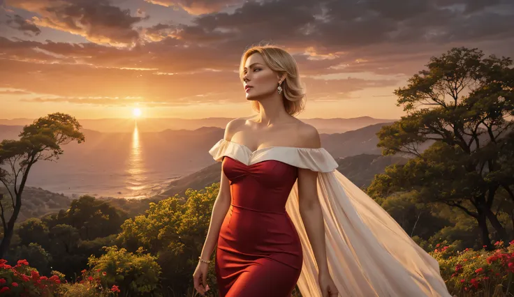 A traditional vintage-style oil painting of a graceful blonde woman inspired by Dana Winner, standing against a glowing sunset sky in warm orange and crimson hues. She wears an elegant, off-shoulder cream gown with soft textures and a delicate brooch. The ...
