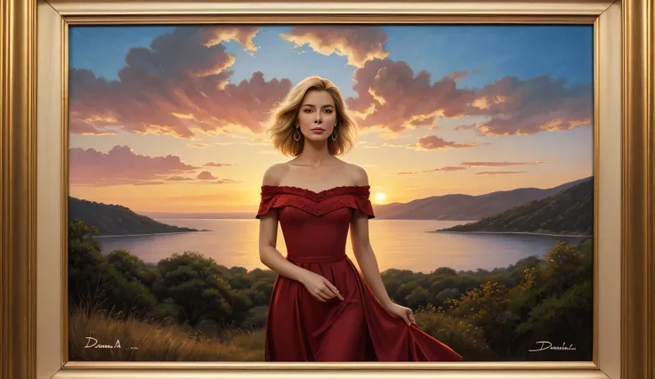 A traditional vintage-style oil painting of a graceful blonde woman inspired by Dana Winner, standing against a glowing sunset sky in warm orange and crimson hues. She wears an elegant, off-shoulder cream gown with soft textures and a delicate brooch. The ...