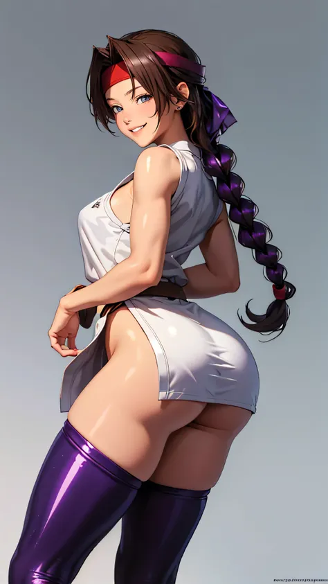 (masterpiece, Highest Quality, high definition , 8K Wallpaper, very detailed CG:1), high definition headband, ,purple thighhighsocs, Butt Under Pants,rear view、big butt、 sexy、(smirk:1.3)、 Big breasts ,(shiny skin:1.5),Karate,