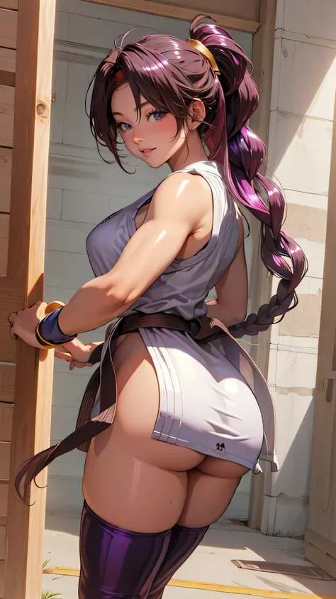 (masterpiece, Highest Quality, high definition , 8K Wallpaper, very detailed CG:1), high definition headband, ,purple thighhighsocs, Butt Under Pants,rear view、big butt、 sexy、(smirk:1.3)、 Big breasts ,(shiny skin:1.5),Karate, ah can be