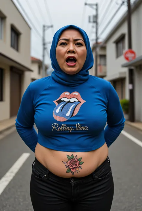High Quality HD Photoshoot , REALISTIC ORGASM FACE EXPRESSION, Fat ssbbw, (((MALAY HIJAB GIRL))), ((please don't put anything rope in my clothes)), (realistic, photo-realistic:1.4), (1 FUTUNARI), big breast, wearing blue 'The Rolling stones brand logo' pri...