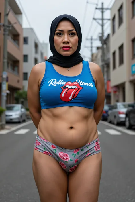 High Quality HD Photoshoot , Fat ssbbw, (((MALAY HIJAB GIRL))), ((please don't put anything rope in my clothes)), (realistic, photo-realistic:1.4), (1 FUTUNARI), big breast, wearing blue 'The Rolling stones brand logo' print cropped singlet. hand on hips, ...