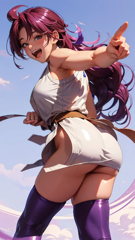 (masterpiece, Highest Quality, high definition , 8K Wallpaper, very detailed CG:1), high definition headband, ,purple thighhighsocs, Butt Under Pants,rear view、big butt、 sexy、(laugh:1.9)、 Big breasts ,(shiny skin:1.5),Karate,