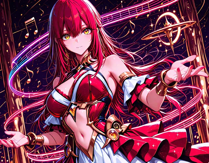 1 girl , golden eyes , very long hair , long sidelocks, red hair ,half updo, petite , very cute , beautiful ,Straight hair, cool, handsome, hair between eyes, sexy, medium breasts ,musical note, music, ultimate, sing, festival, kaleidoscope effect music no...