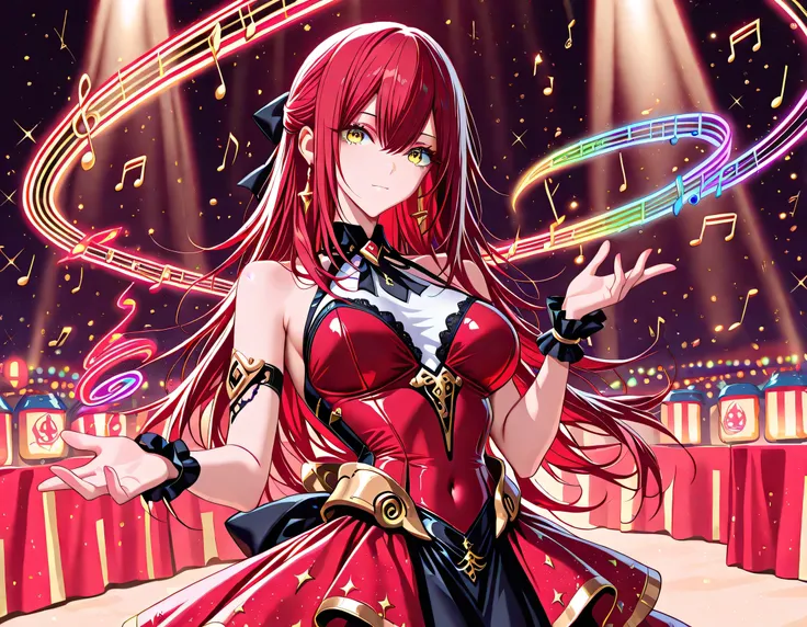 1 girl , golden eyes , very long hair , long sidelocks, red hair ,half updo, petite , very cute , beautiful ,Straight hair, cool, handsome, hair between eyes, sexy, medium breasts ,musical note, music, ultimate, sing, festival, spotlight, navel, idol dress...