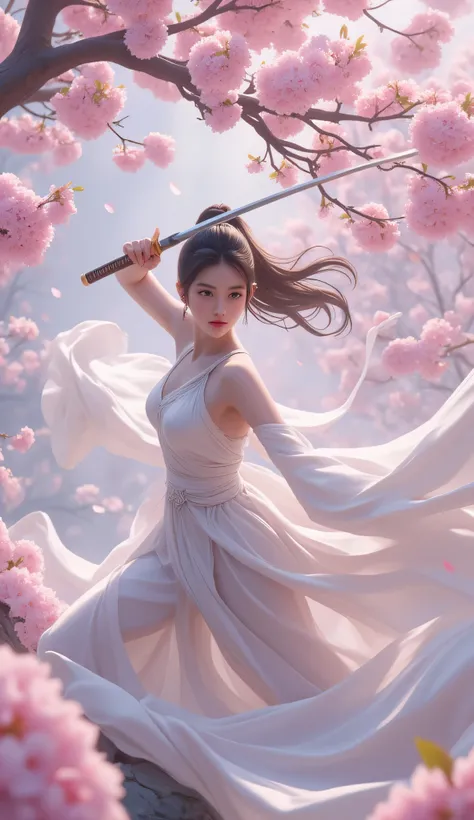 young woman in Cherry Blossom Sea, highdetailed cherry blossoms, masterpiece, Rising Goddess of Cherry Blossoms, sword dance, epic cherry blossom whirling, cherry blossom epic rain

