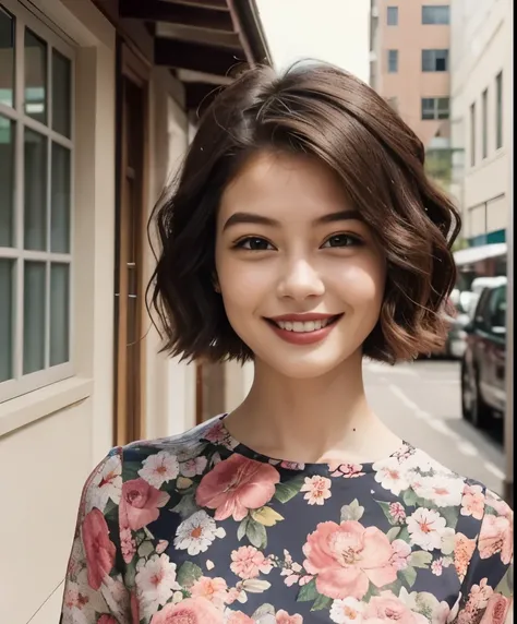 391 ((young woman)),(short hair),(floral dress),(archic smile)