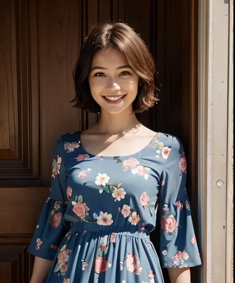 391 ((young woman)),(short hair),(floral dress),(archic smile)