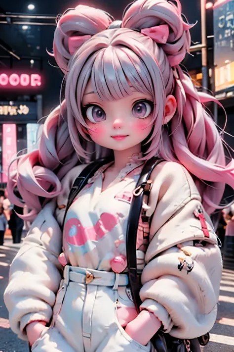A vibrant nighttime scene on Harajuku's bustling streets. A young girl with pink hair and matching hair bows beams with excitement, her face painted with bold makeup. She wears a striking outfit of white and pink hues, embodying the district's eclectic fas...