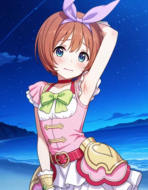 pcrkrmi, short hair, brown hair, hairband, hair ribbon, blue eyes, pkrmdef, purple ribbon, short sleeves, pink dress, white shirt, green bowtie, red choker, red belt, hip armor, white gloves, white skirt, layered skirt, anime screencap, high quality, solo,...