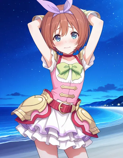 pcrkrmi, short hair, brown hair, hairband, hair ribbon, blue eyes, pkrmdef, purple ribbon, short sleeves, pink dress, white shirt, green bowtie, red choker, red belt, hip armor, white gloves, white skirt, layered skirt, anime screencap, high quality, solo,...