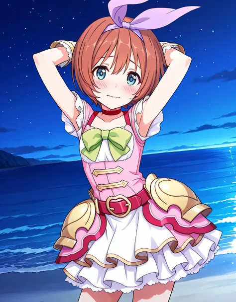 pcrkrmi, short hair, brown hair, hairband, hair ribbon, blue eyes, pkrmdef, purple ribbon, short sleeves, pink dress, white shirt, green bowtie, red choker, red belt, hip armor, white gloves, white skirt, layered skirt, anime screencap, high quality, solo,...